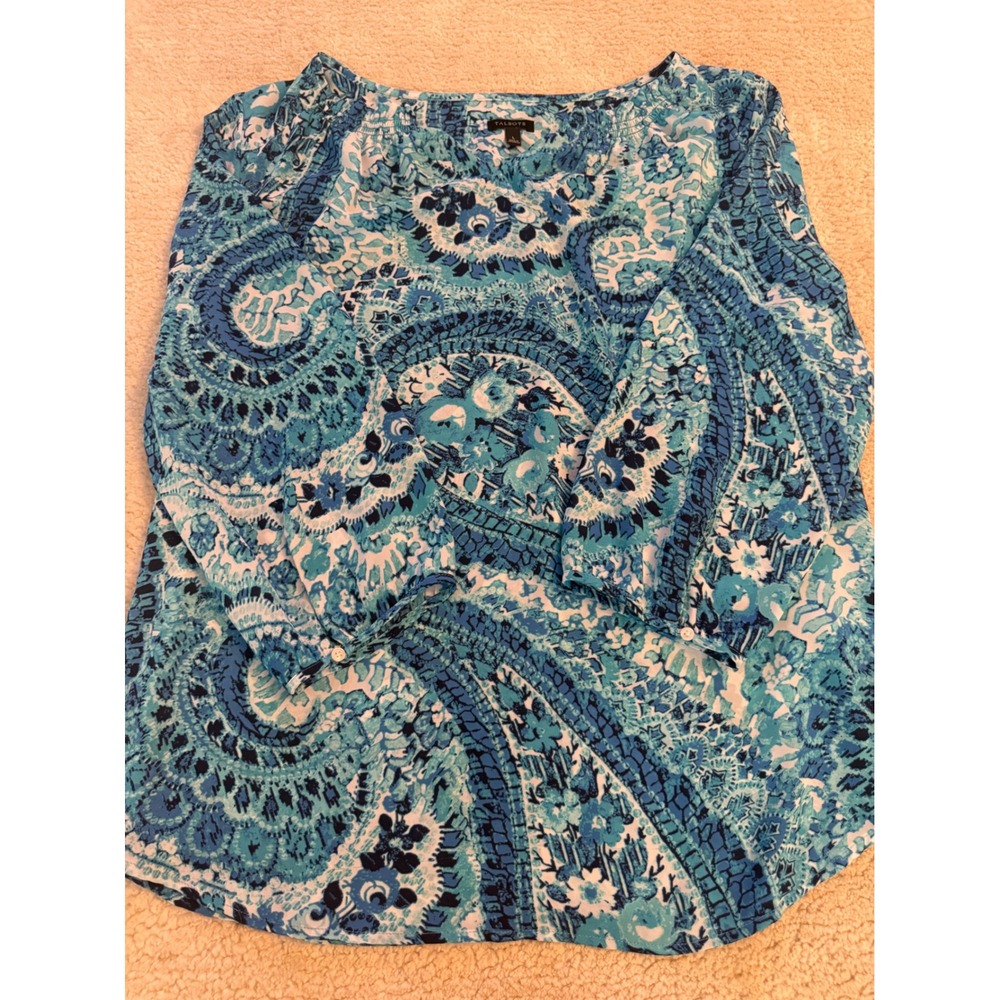 TALBOTS Blue‎ Teal Paisley Print V Neck 3/4 Sleeve Blouse Top Shirt Mens L